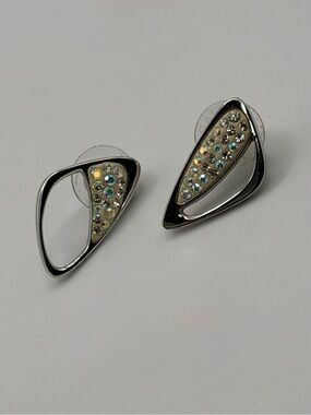 Swarovski Signed Swan Silver-Tone Asymmetrical Crystal Geometric Stud Earrings